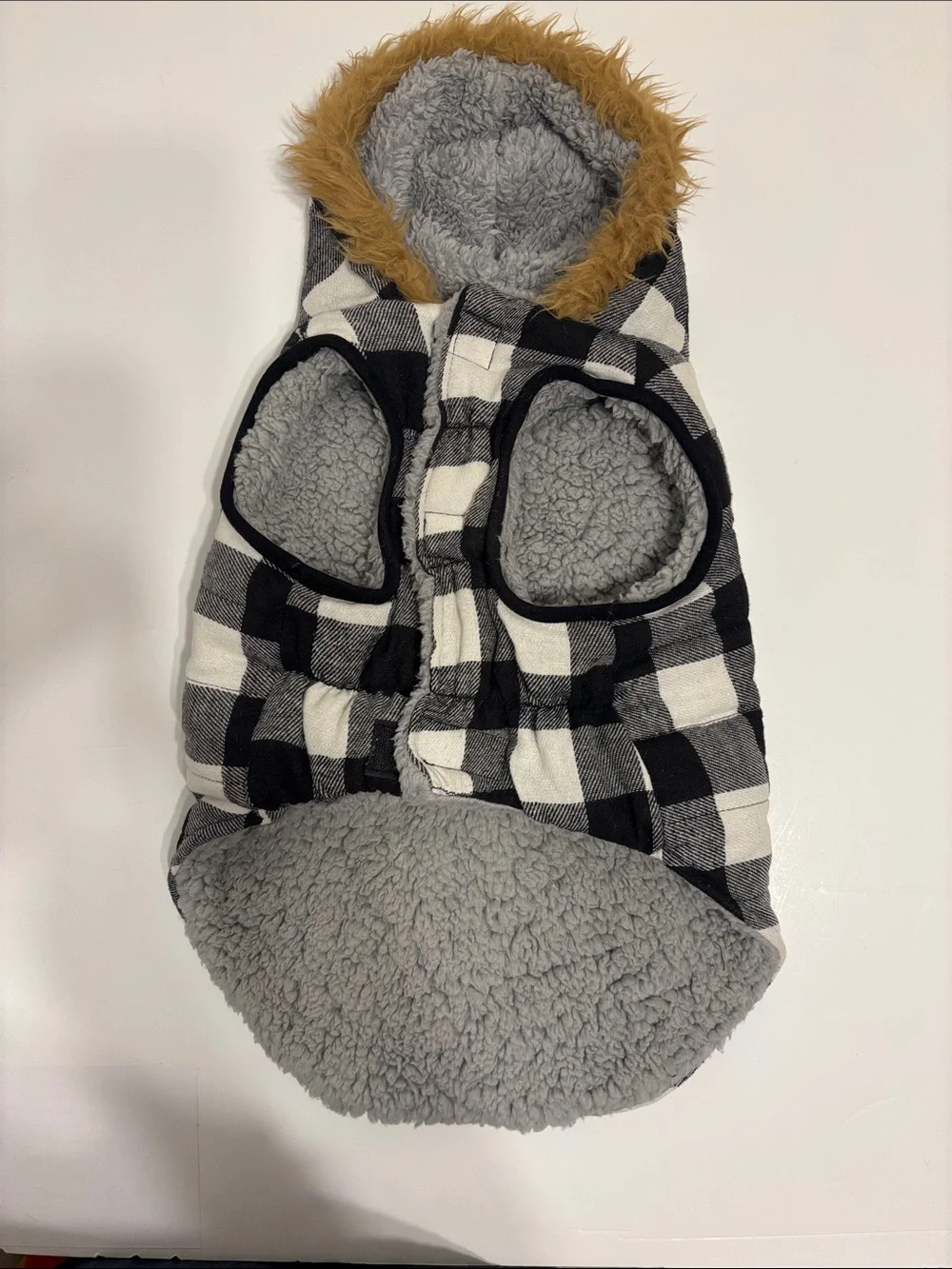 Buffalo Check Hooded Dog Coat with Faux Fur Trim - M